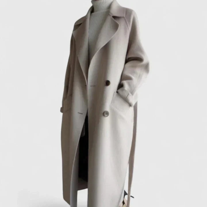 Women's Double-Breasted Notch-Lapel Long Coat Beige