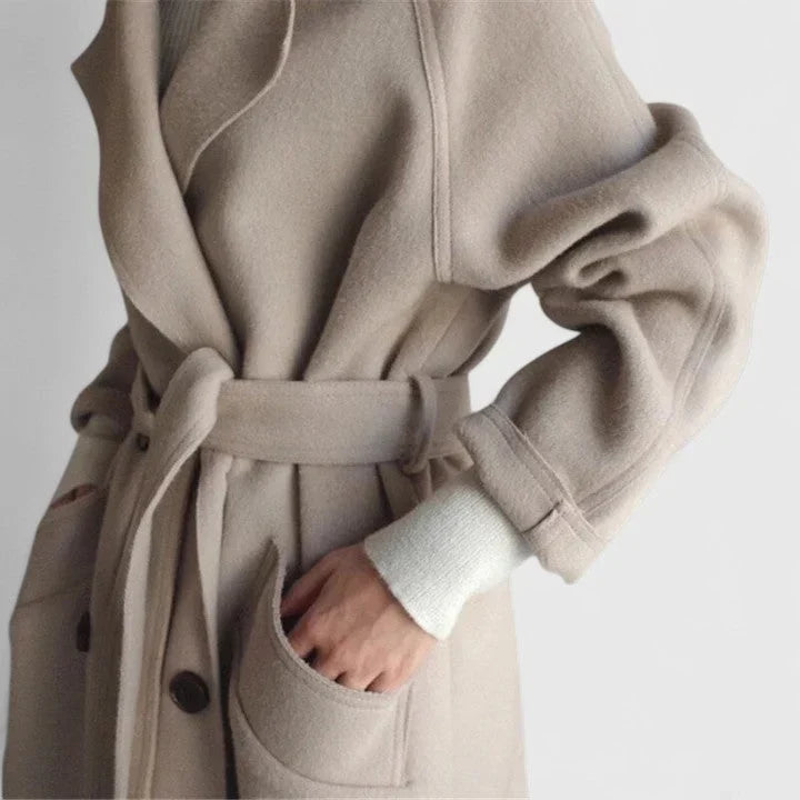 Women's Double-Breasted Notch-Lapel Long Coat Beige