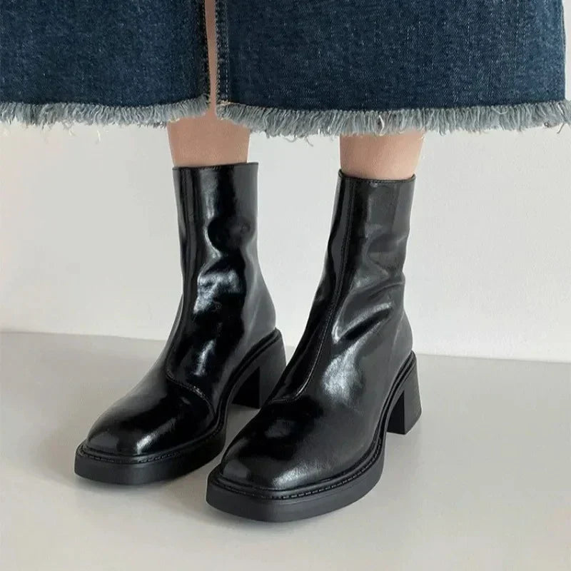 Women's Ankle Boots with Square Toe and Block Heel