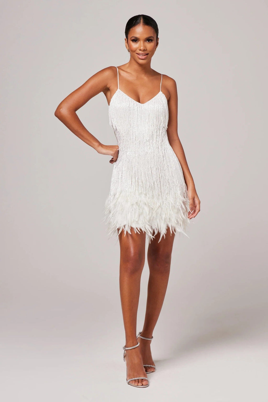 Eolande | Feather Mini Cocktail Dress with V-Neck and Fringe for Women
