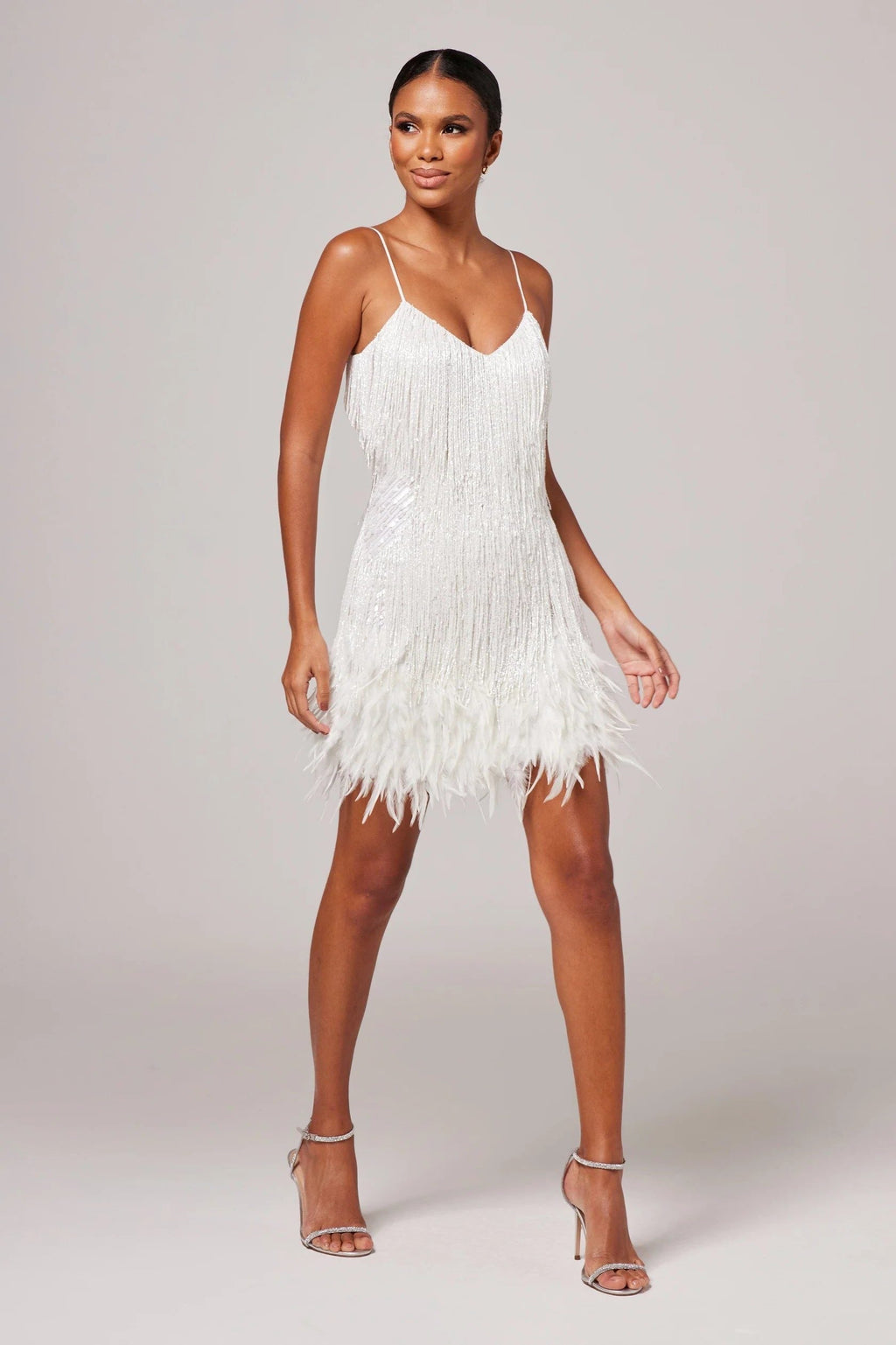 Eolande | Feather Mini Cocktail Dress with V-Neck and Fringe for Women