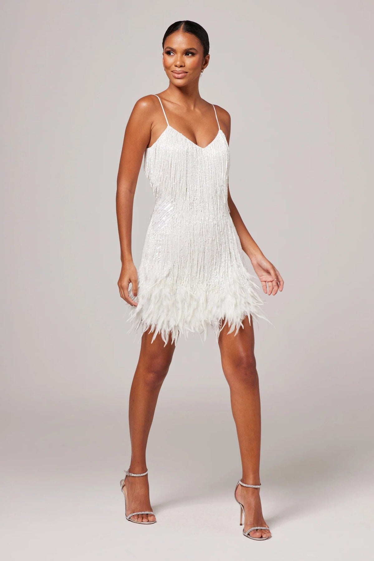 Eolande | Feather Mini Cocktail Dress with V-Neck and Fringe for Women