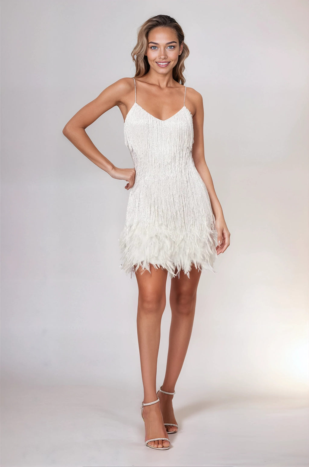 Eolande | Feather Mini Cocktail Dress with V-Neck and Fringe for Women