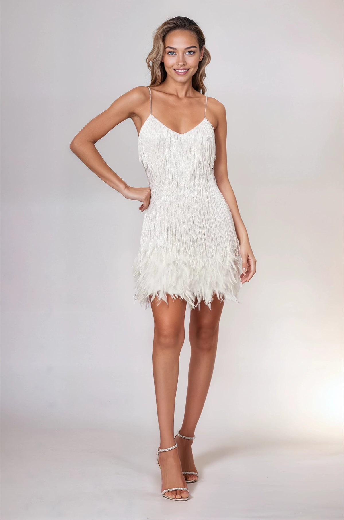 Eolande | Feather Mini Cocktail Dress with V-Neck and Fringe for Women