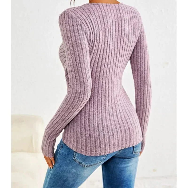 Etheline | Ribbed Knit Wrap Top with Long Sleeves and V-Neck for Women