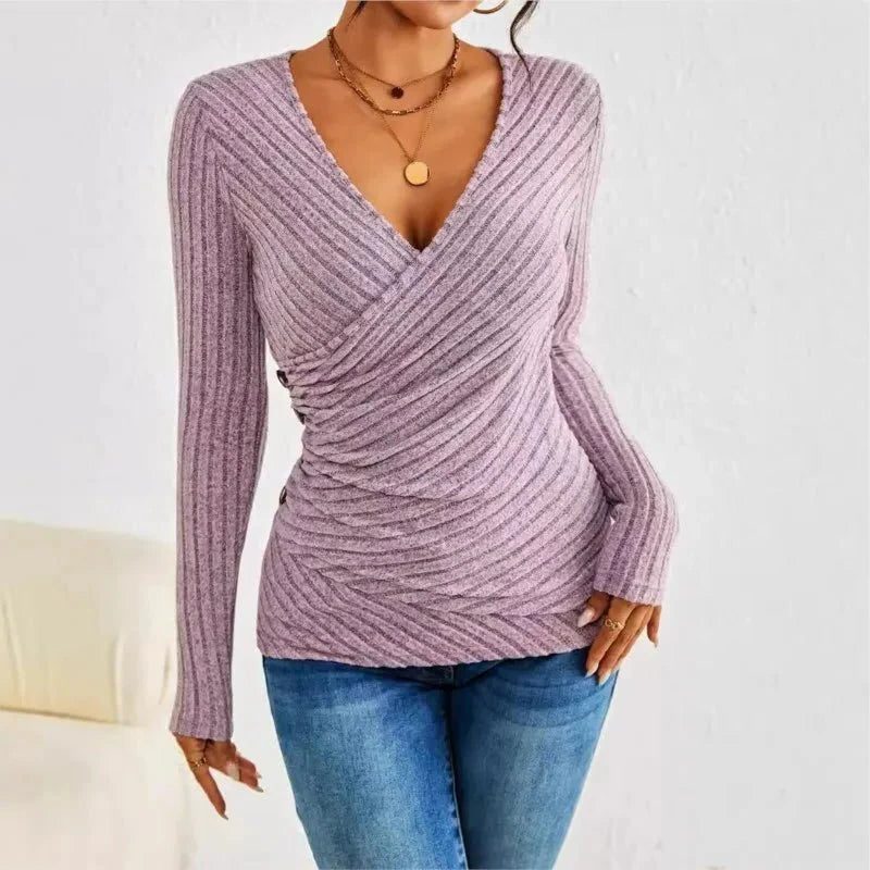 Etheline | Ribbed Knit Wrap Top with Long Sleeves and V-Neck for Women