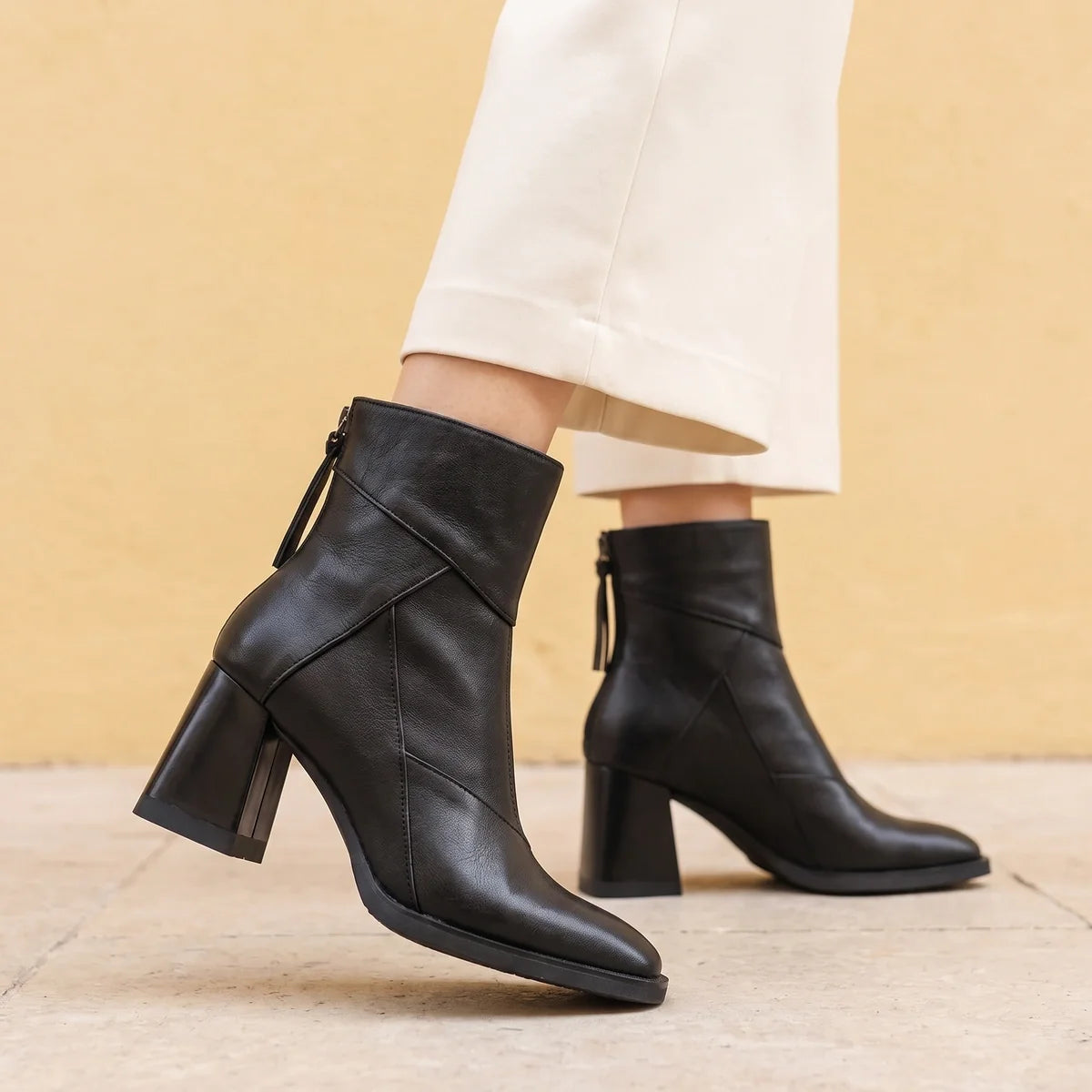 Eudora Leather Stitched Panel Block Heel Boots