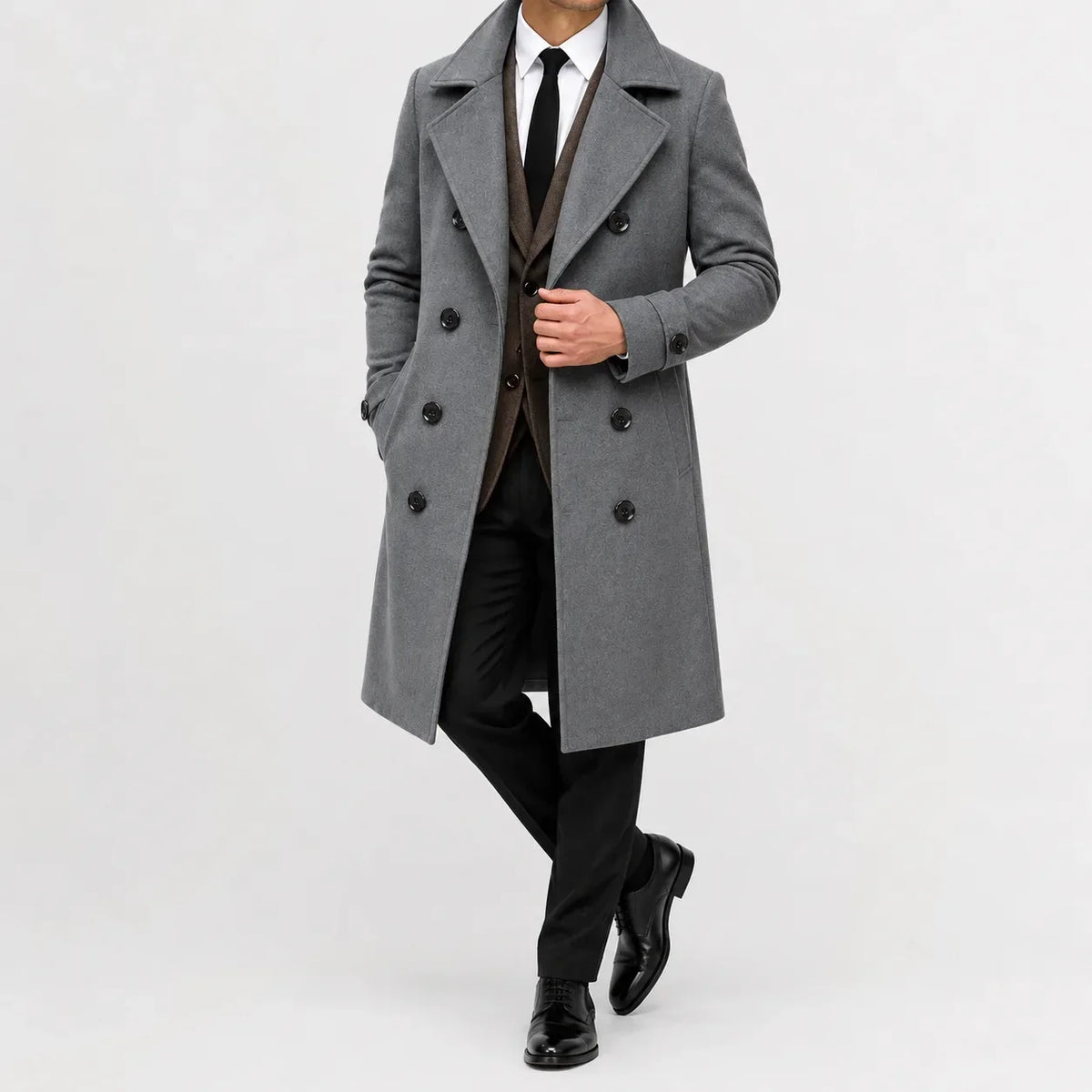 Men's Double-Breasted Trench Coat, Notched Lapels, Long Cut