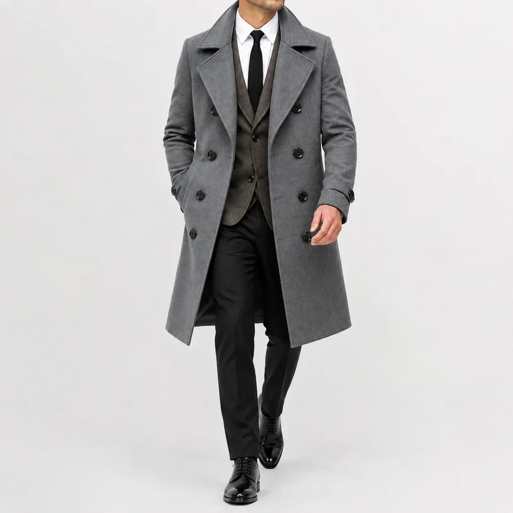 Men's Double-Breasted Trench Coat, Notched Lapels, Long Cut
