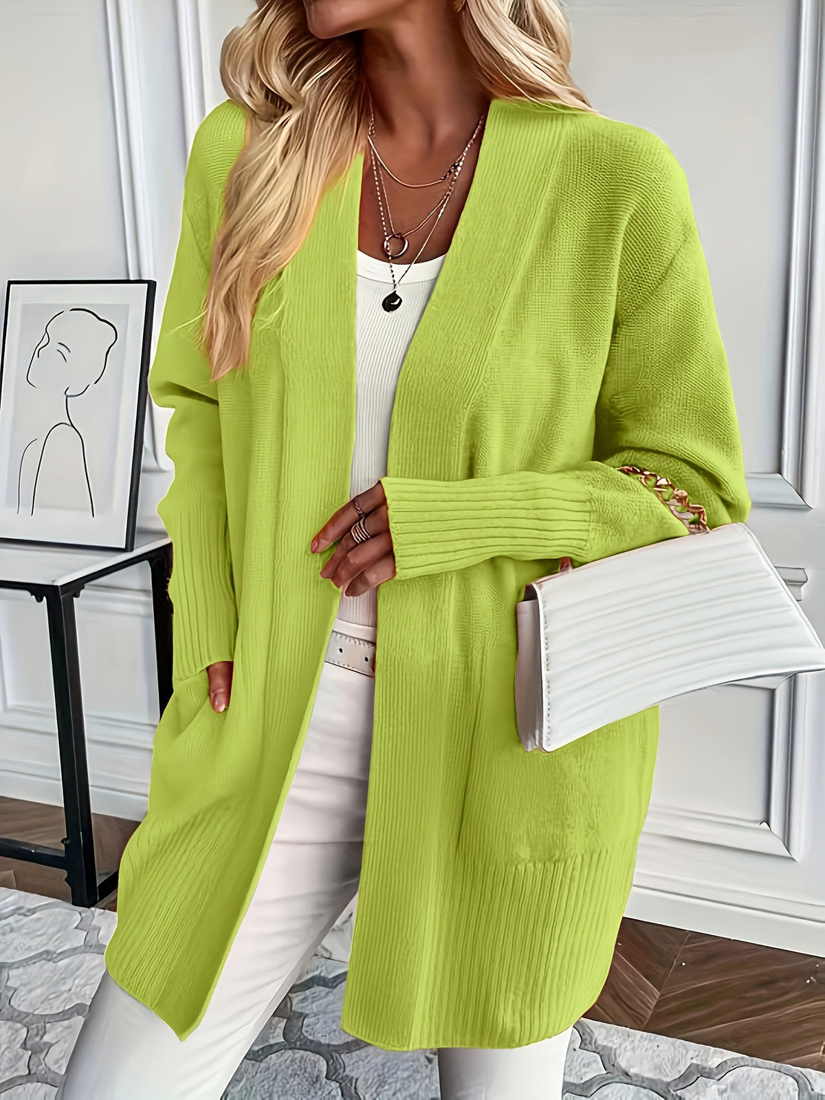 Women's Open Front Ribbed Cardigan with Long Sleeves