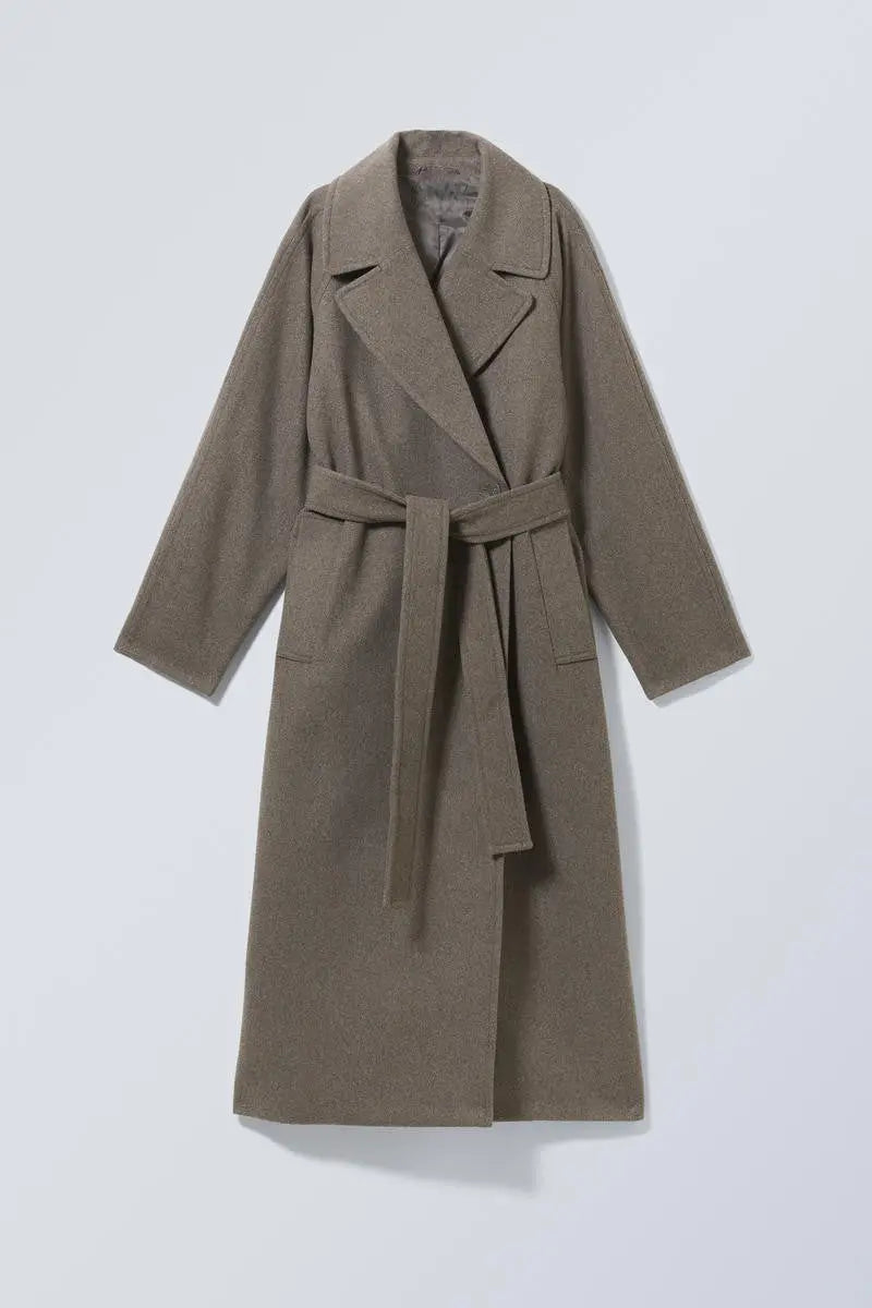 Women's Belted Long Wrap Coat with Notch Collar
