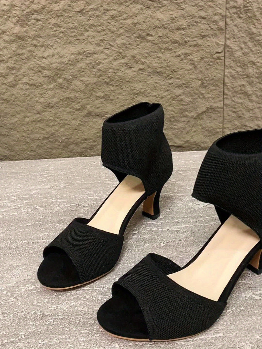 Women's Open-Toe Ankle Wrap Heels with Stretch Knit