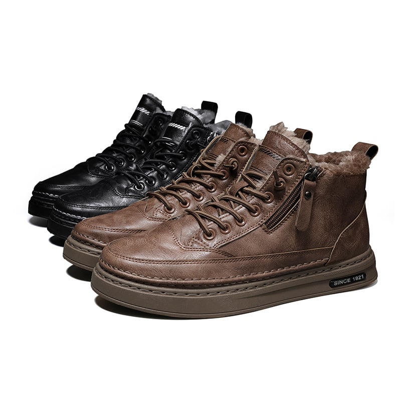 Men's Lace-Up Ankle Boots, Faux-Fur Lining, Side Zip