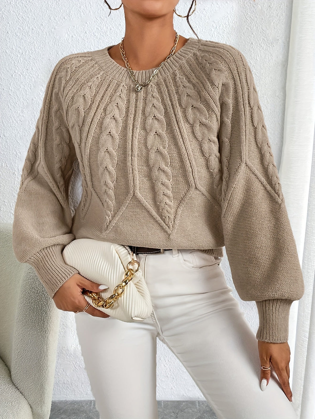 Women's Cable-Knit Sweater with Lantern Sleeves