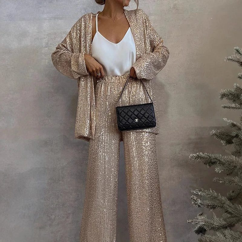Faye | Sequin Cardigan Wide-Leg Two-Piece Set for Women