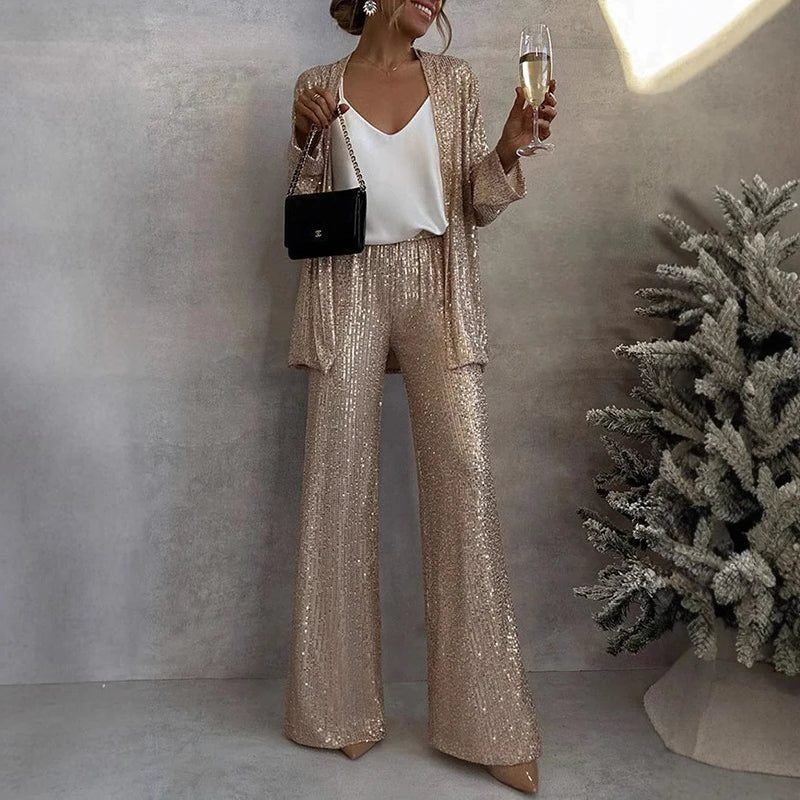 Faye | Sequin Cardigan Wide-Leg Two-Piece Set for Women