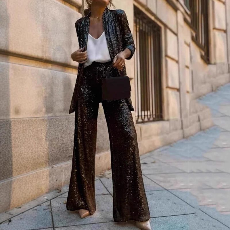 Faye | Sequin Cardigan Wide-Leg Two-Piece Set for Women