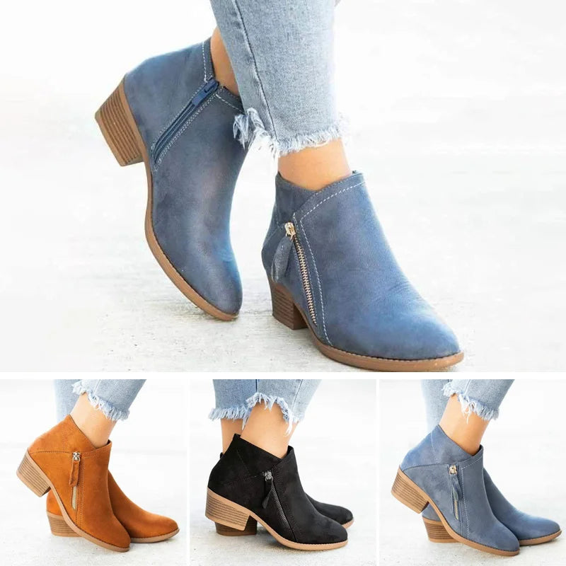 Women's Ankle Boots with Side Zipper and Block Heel