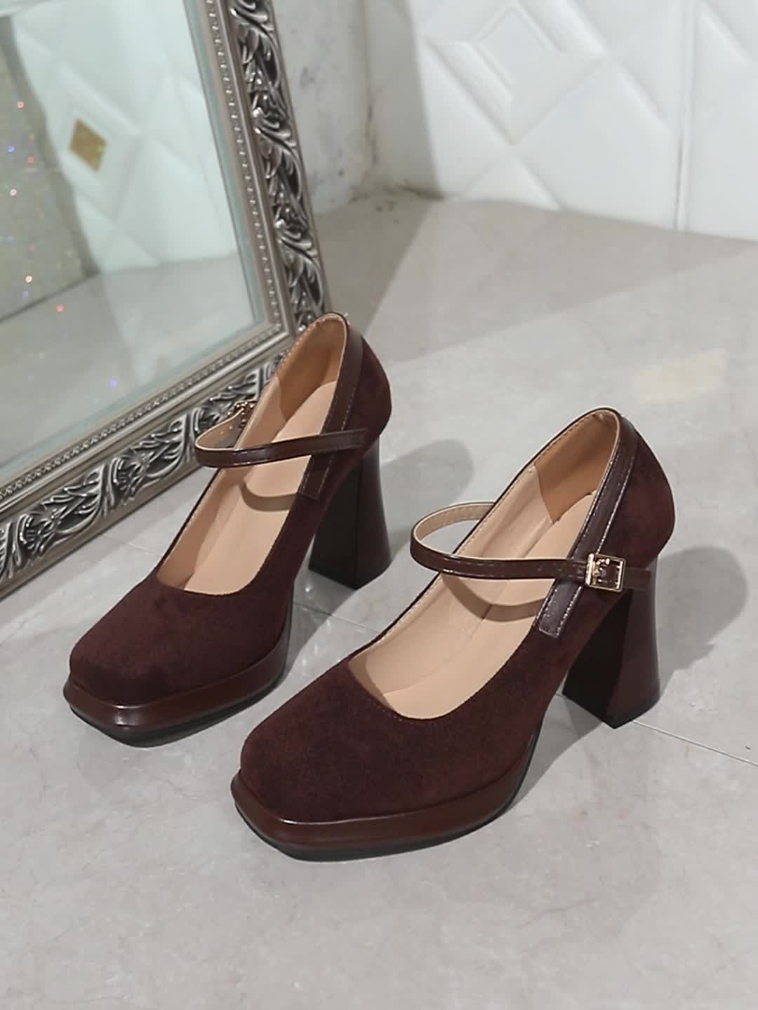 Women's High-Heeled Mary Jane Shoes with Platform Heel and Square Toe