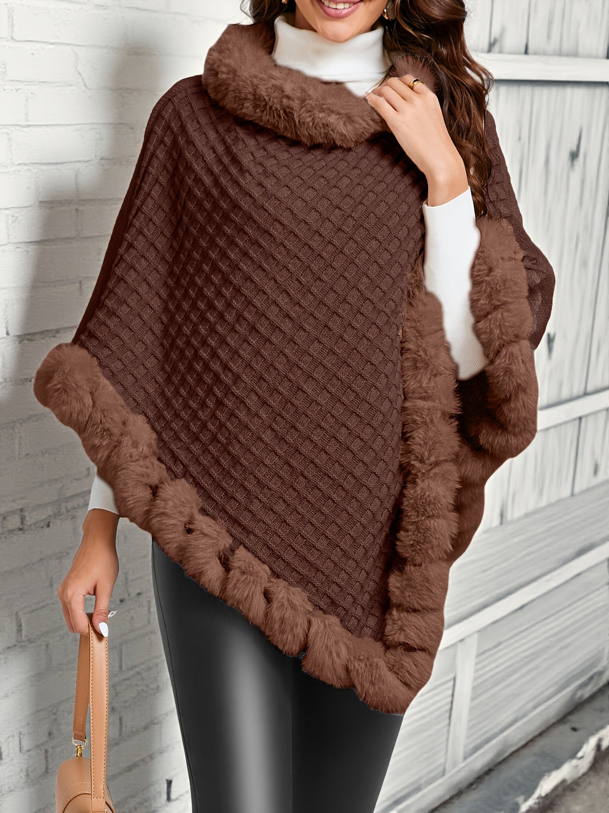 Women's Textured Poncho with Faux Fur Trim