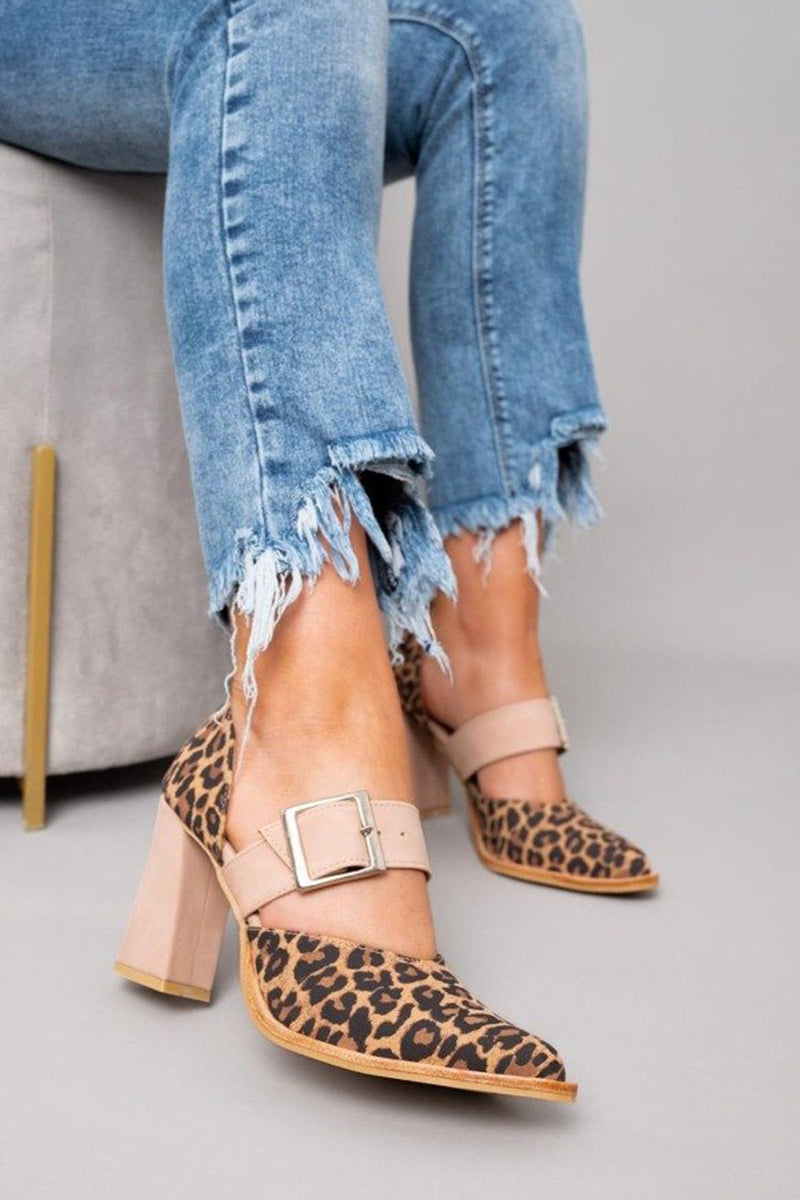 Women's Sandals with Leopard Suede Upper and Stable Heel