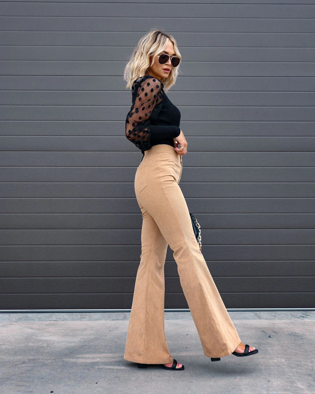Women's High-Waist Flared Trousers with Button Closure