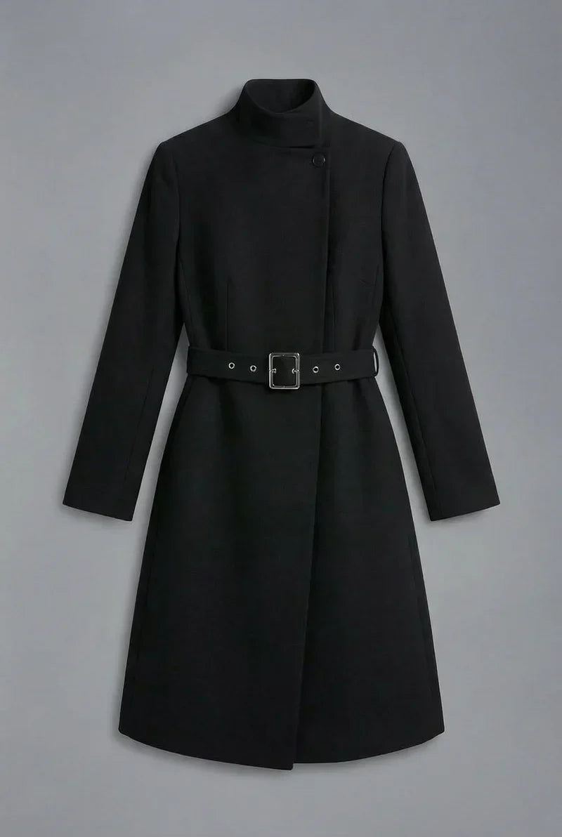 Women's Black High Neck Belted Asymmetric Midi Dress