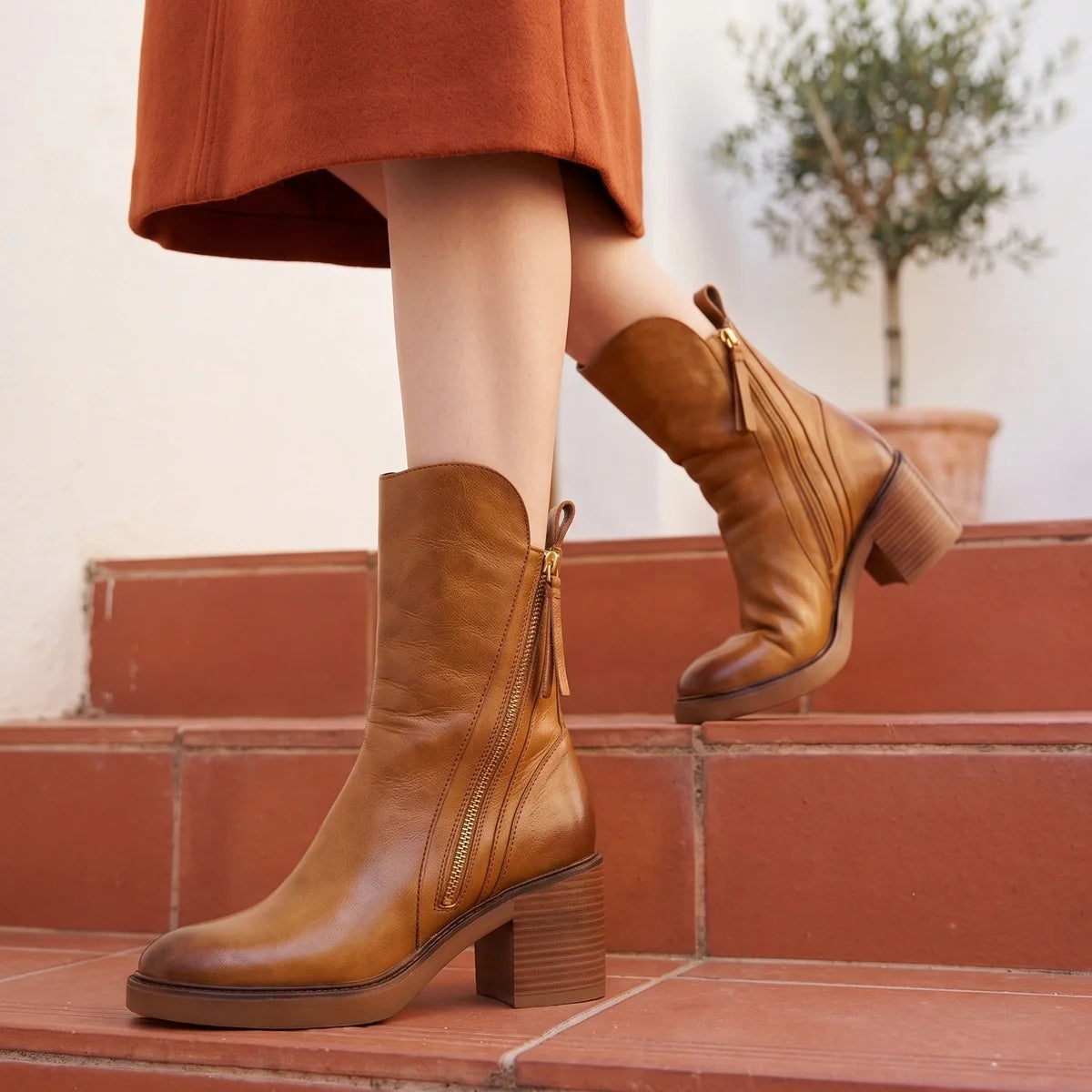 Flavia Stacked Heel Side Zip Leather Ankle Boots