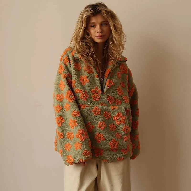 Women's floral borg half-zip fleece jacket with kangaroo pocket