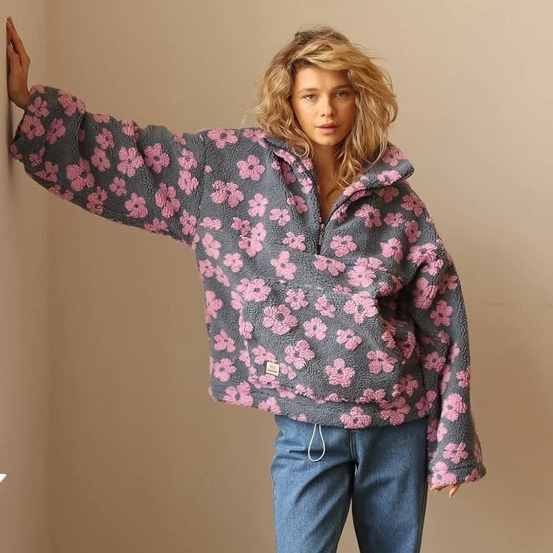 Women's floral borg half-zip fleece jacket with kangaroo pocket