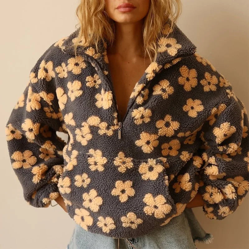 Women's floral borg half-zip fleece jacket with kangaroo pocket