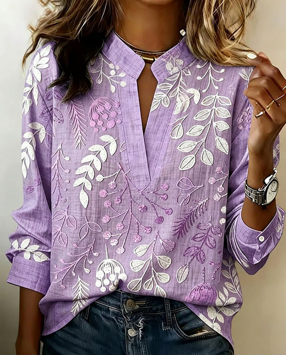 Women's Botanical Print Blouse, Notched Collar, 3/4 Sleeves