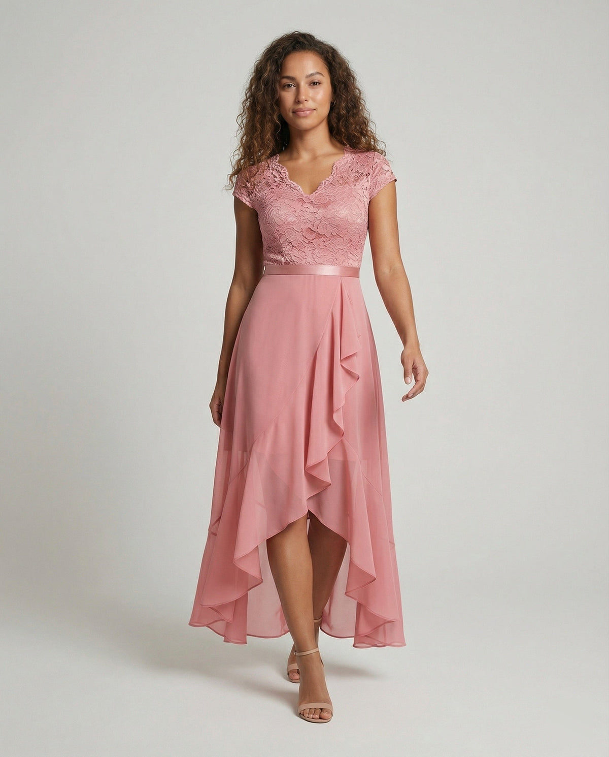 Women's Lace High-Low Dress with V-Neck and Ruffle Hem