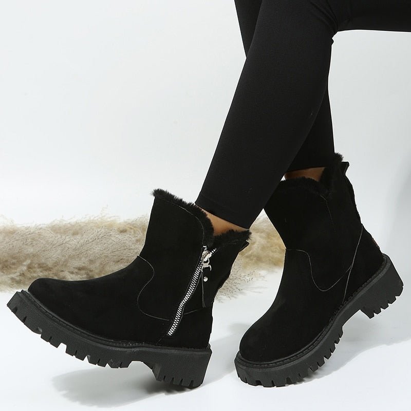 Women's Faux Suede Ankle Boots with Faux Fur Trim and Side Zip