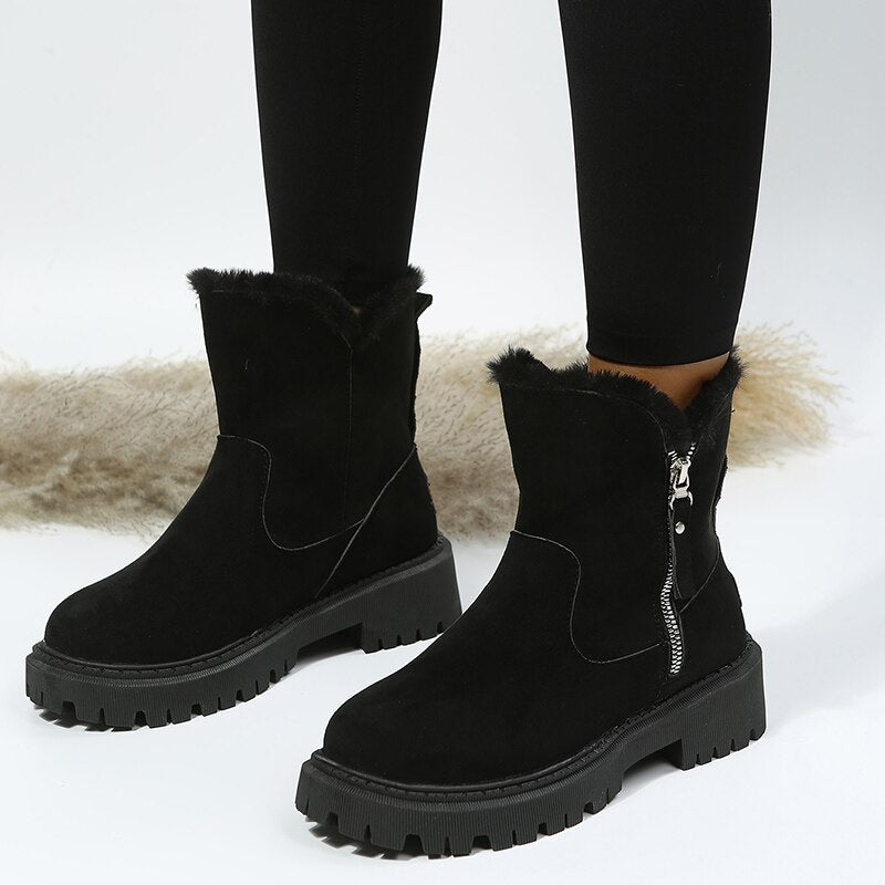 Women's Faux Suede Ankle Boots with Faux Fur Trim and Side Zip