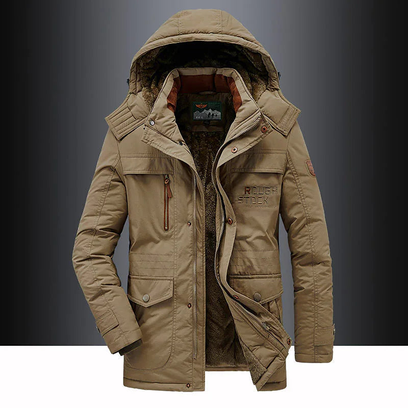 Men's Hooded Mid-Length Parka, Zip Front, Multiple Pockets