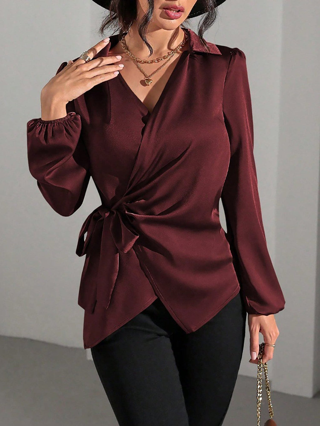 Gaia | Satin Wrap Blouse with Long Sleeves for Women