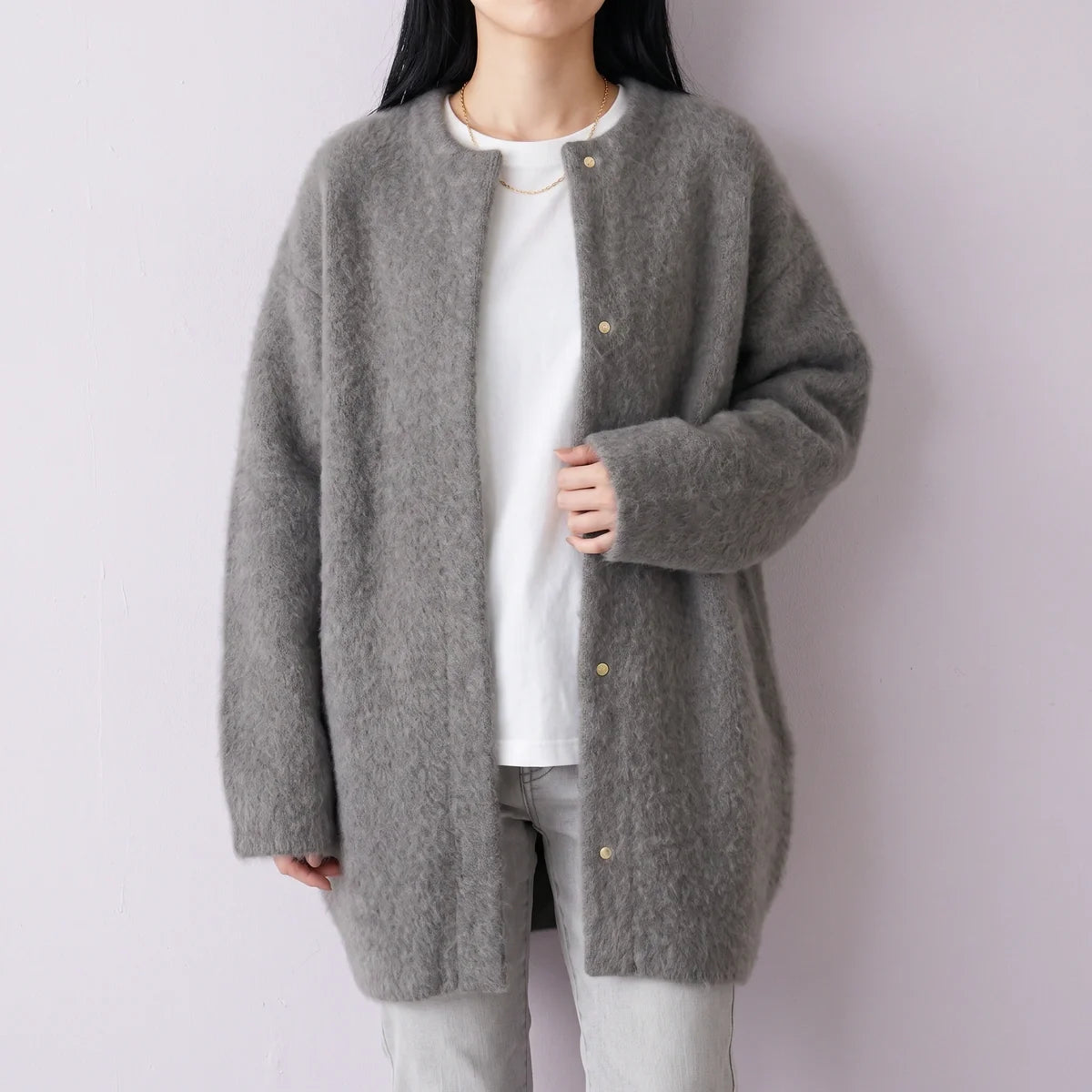 Galatea Brushed Knit Collarless Snap Cardigan Coat