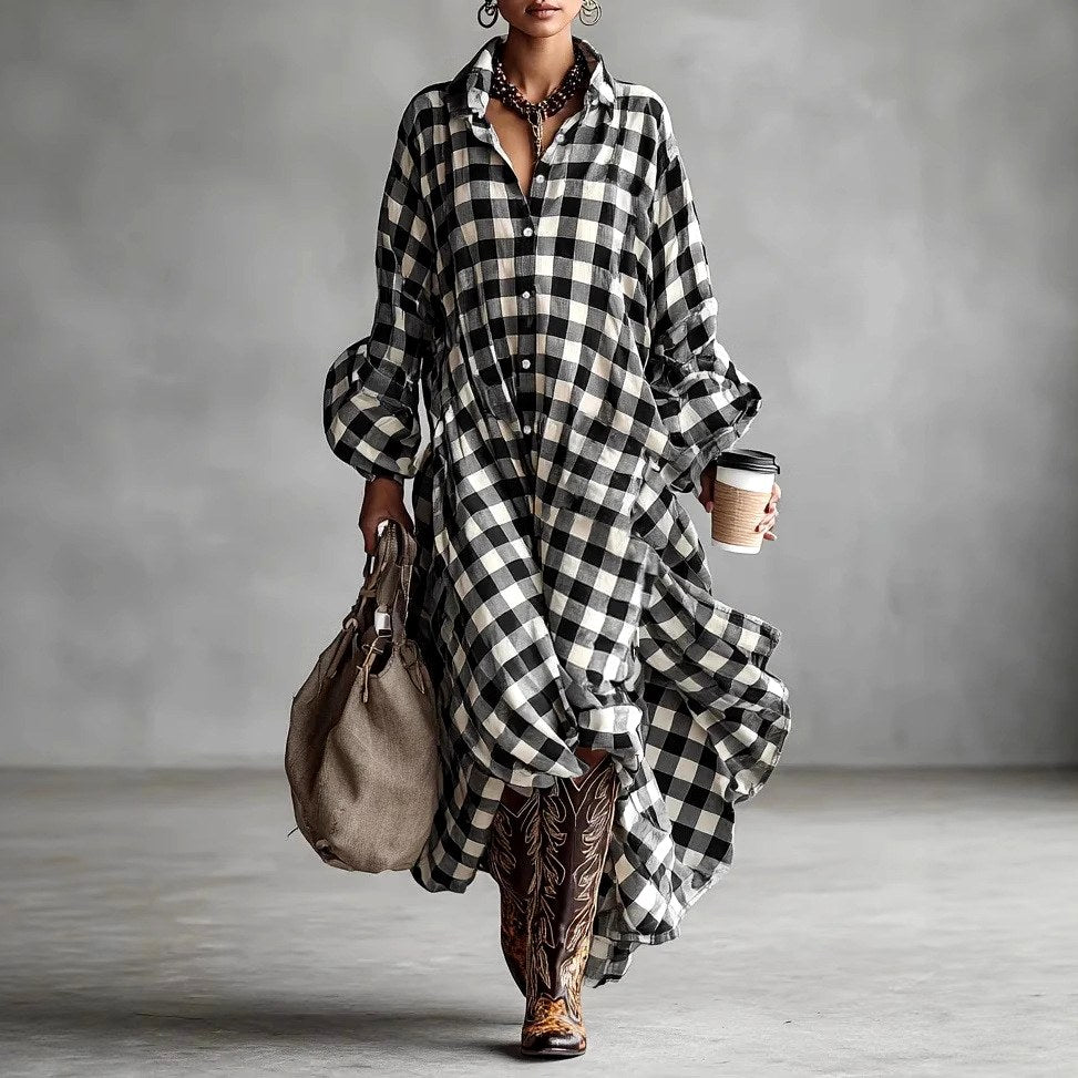 Georgette - Gingham Long Sleeve Flowy Fall Maxi Dress