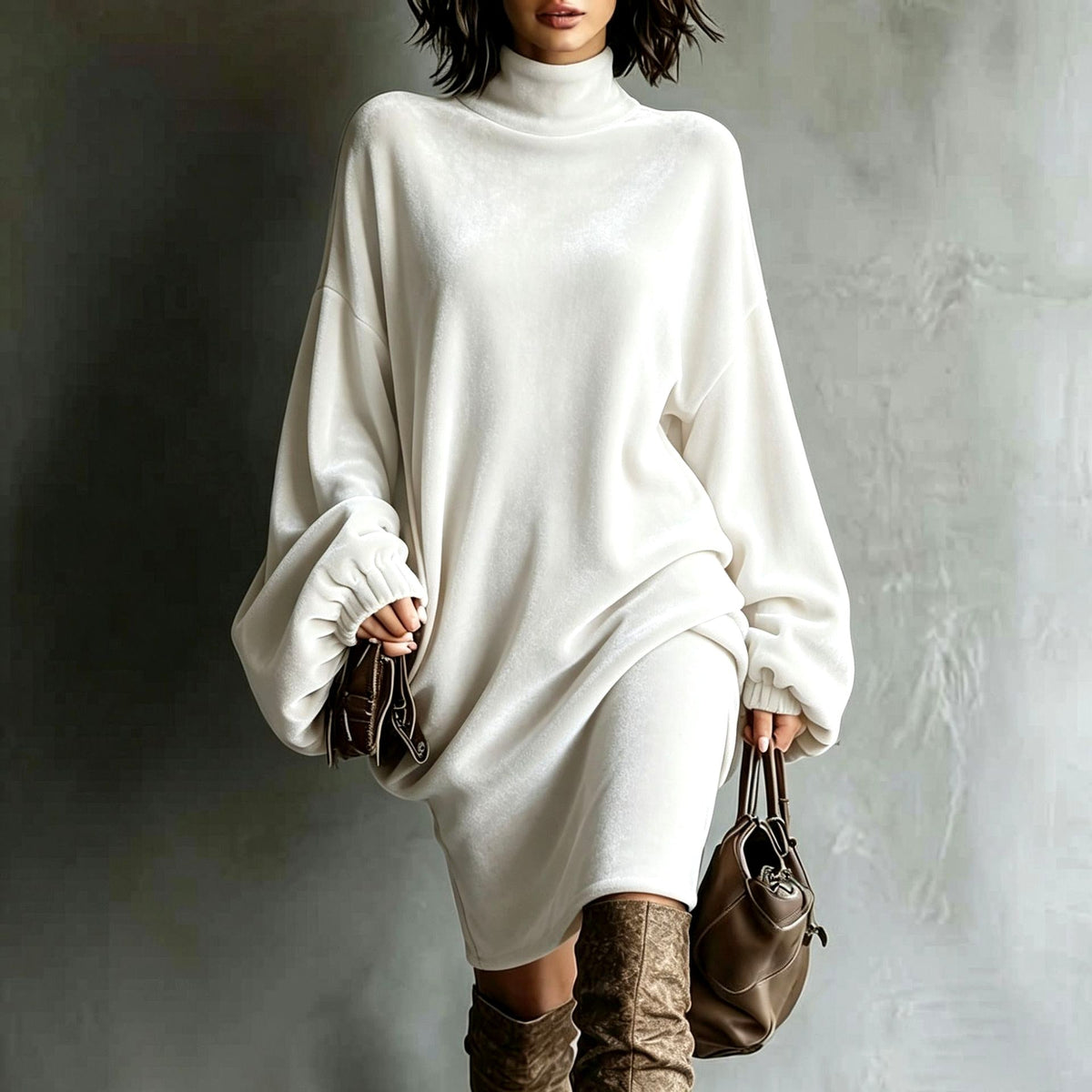 Georgia - Women's Velvet Turtleneck Batwing Sleeve Dress