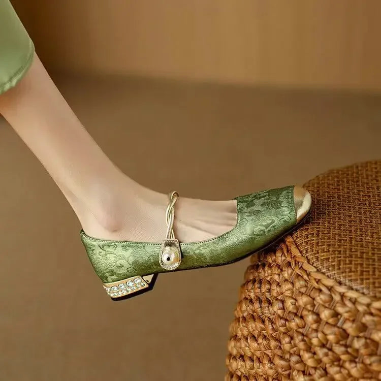 Women's Mary Jane Shoes with Pearl Strap and Glitter Block Heel