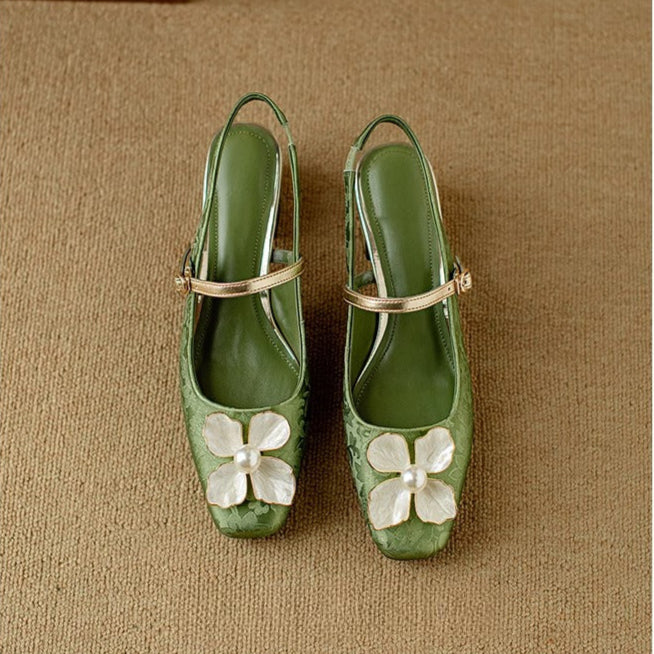 Women's Floral Mary Jane Pumps with Jacquard Upper and Adjustable Strap