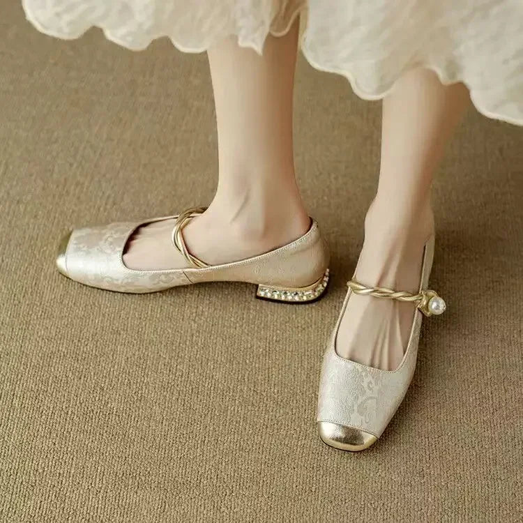 Women's Mary Jane Shoes with Pearl Strap and Glitter Block Heel