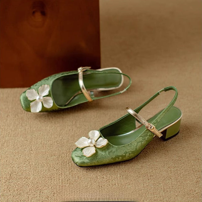 Women's Floral Mary Jane Pumps with Jacquard Upper and Adjustable Strap