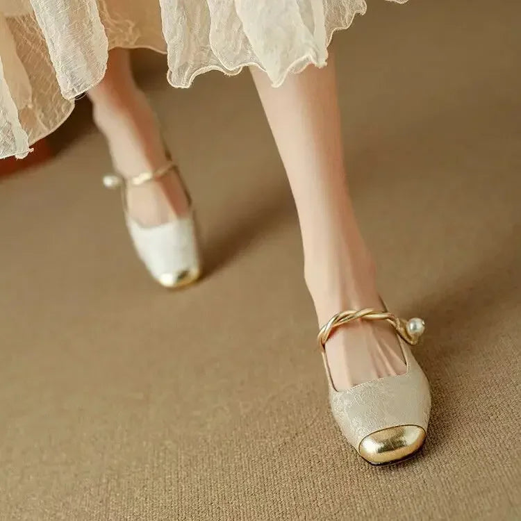 Women's Mary Jane Shoes with Pearl Strap and Glitter Block Heel