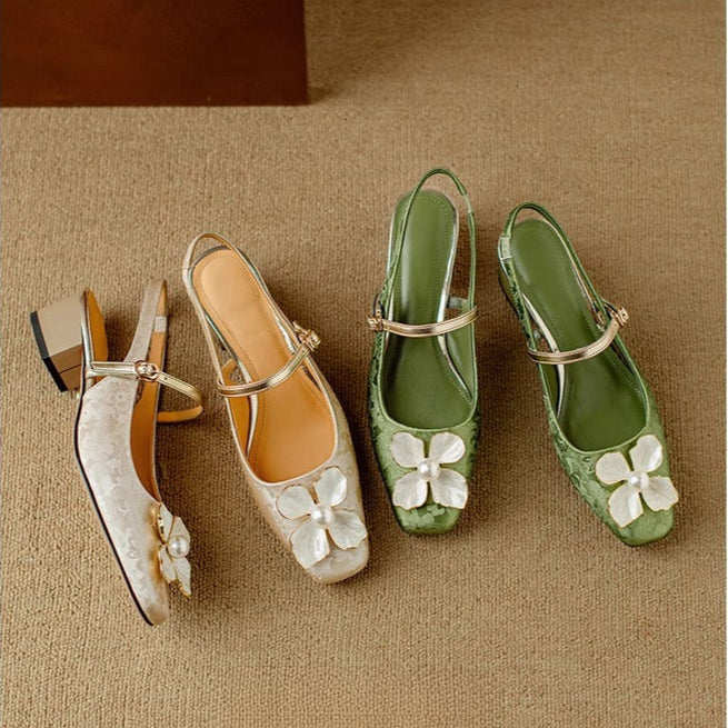 Women's Floral Mary Jane Pumps with Jacquard Upper and Adjustable Strap