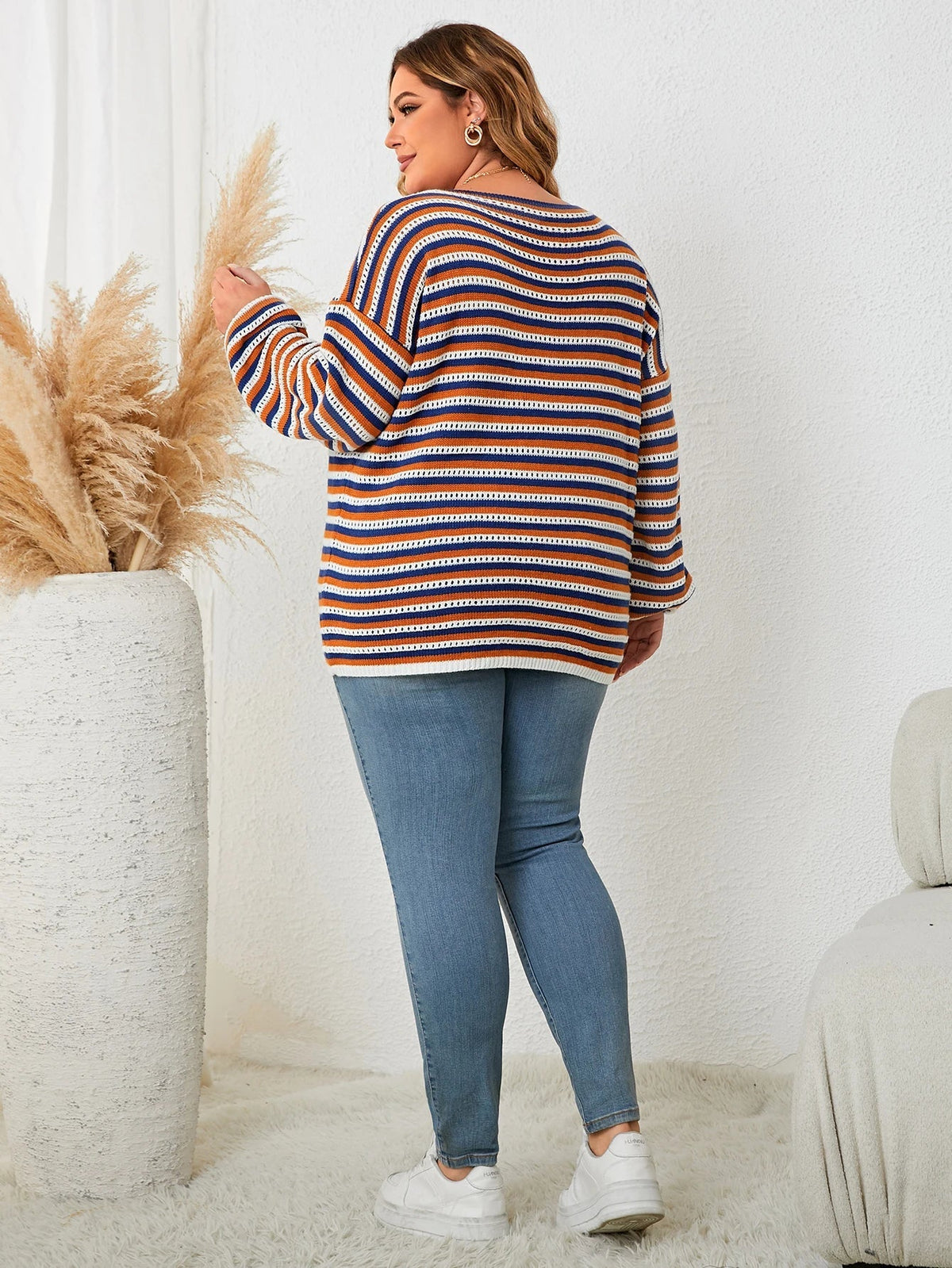Women's Striped Oversized Pullover Long Sleeve Crew Neck