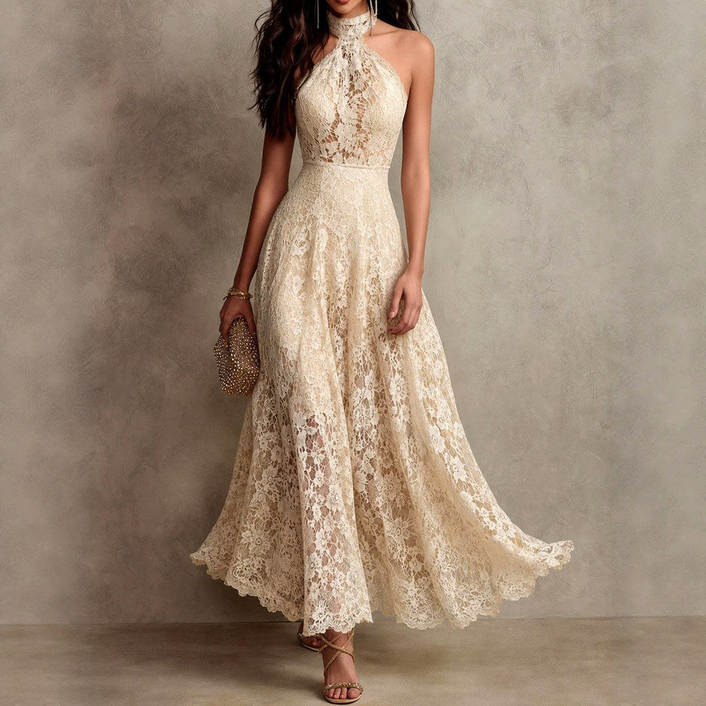 Goldie - Women's Floral Lace Halter Formal Evening Dress