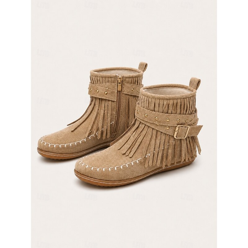 Women's Fringe Ankle Boots with Buckle Strap Zip