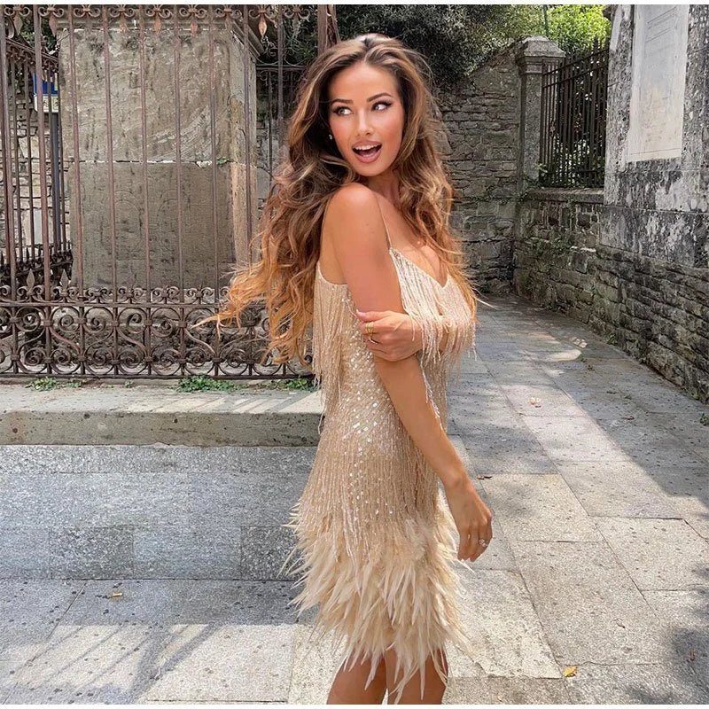 Gwenllian | Sequin Cocktail Mini Dress with Feather Hem for Women